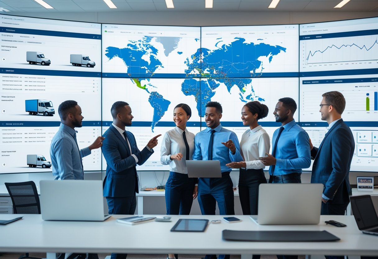 A team of professionals monitoring vehicle locations and routes on large digital screens in a bright office.