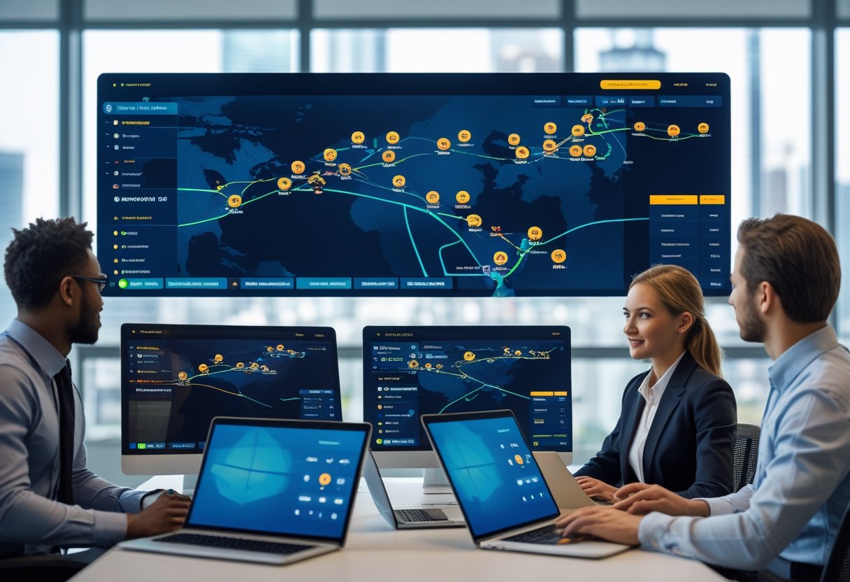 A team of professionals monitoring vehicle locations and routes on digital screens in a modern office.