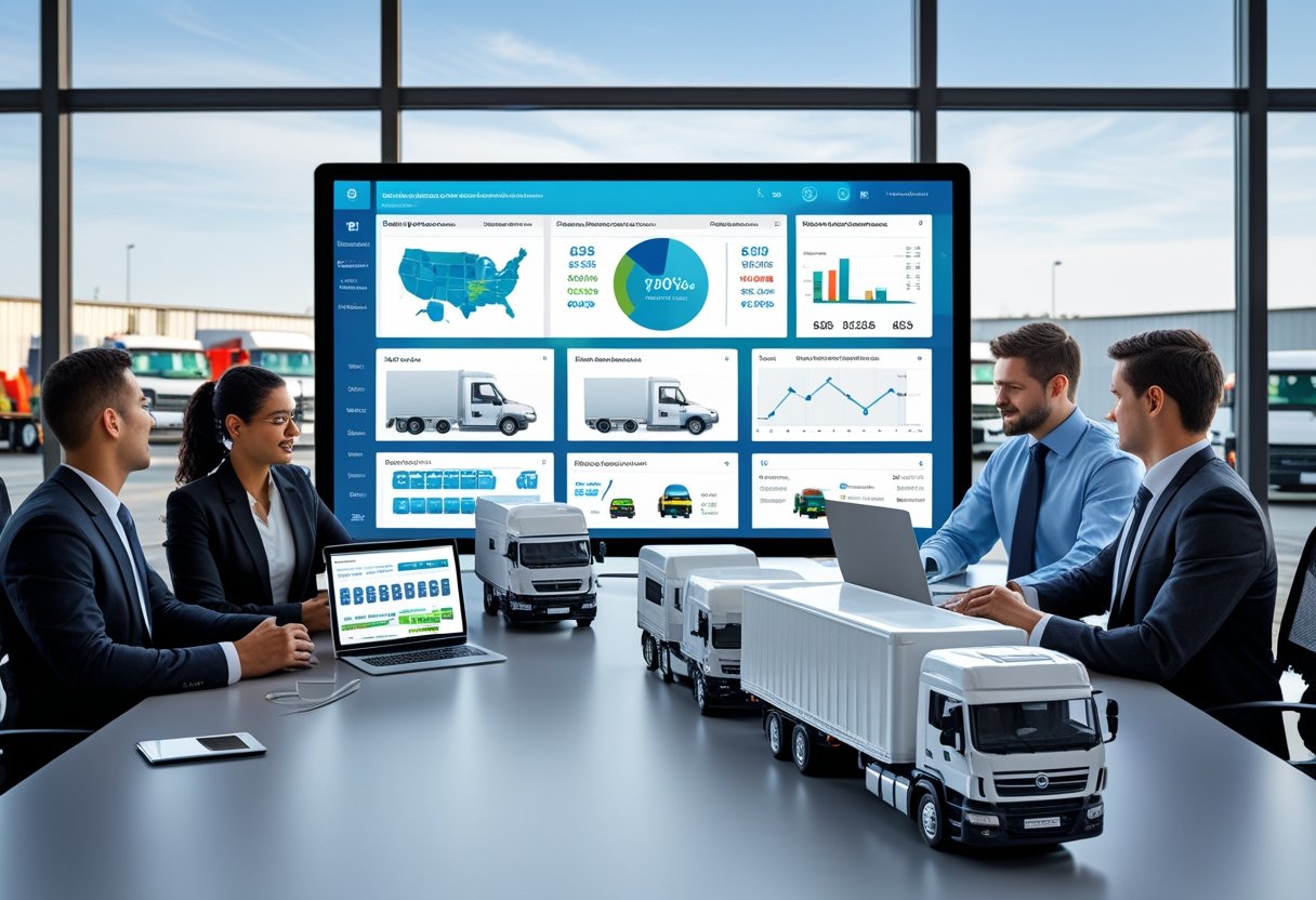 A team of professionals in an office reviewing digital fleet management data on screens with a model fleet of vehicles and a view of a logistics yard outside.