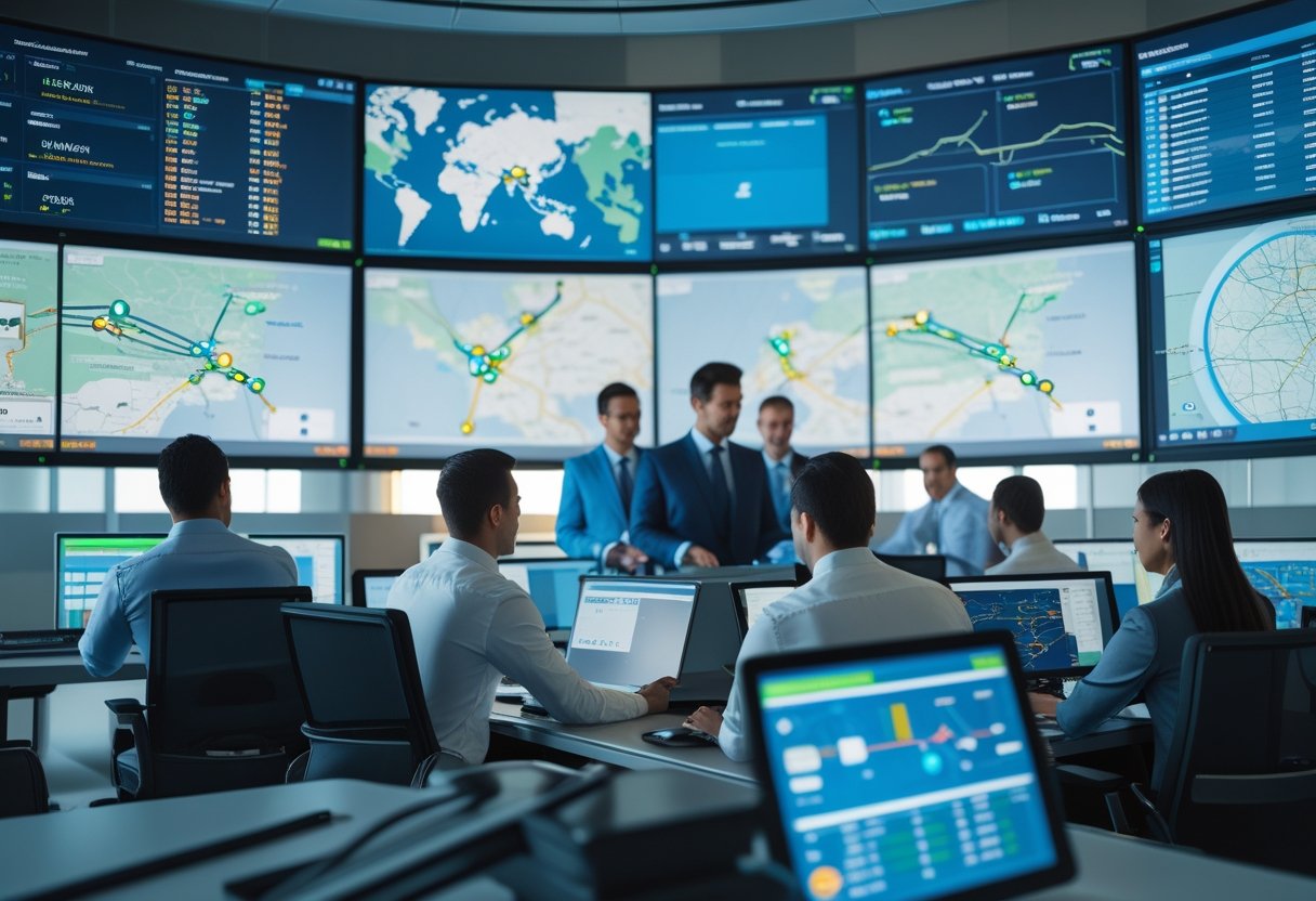 A team of professionals monitoring vehicle locations and routes on large digital screens in a fleet management control room.