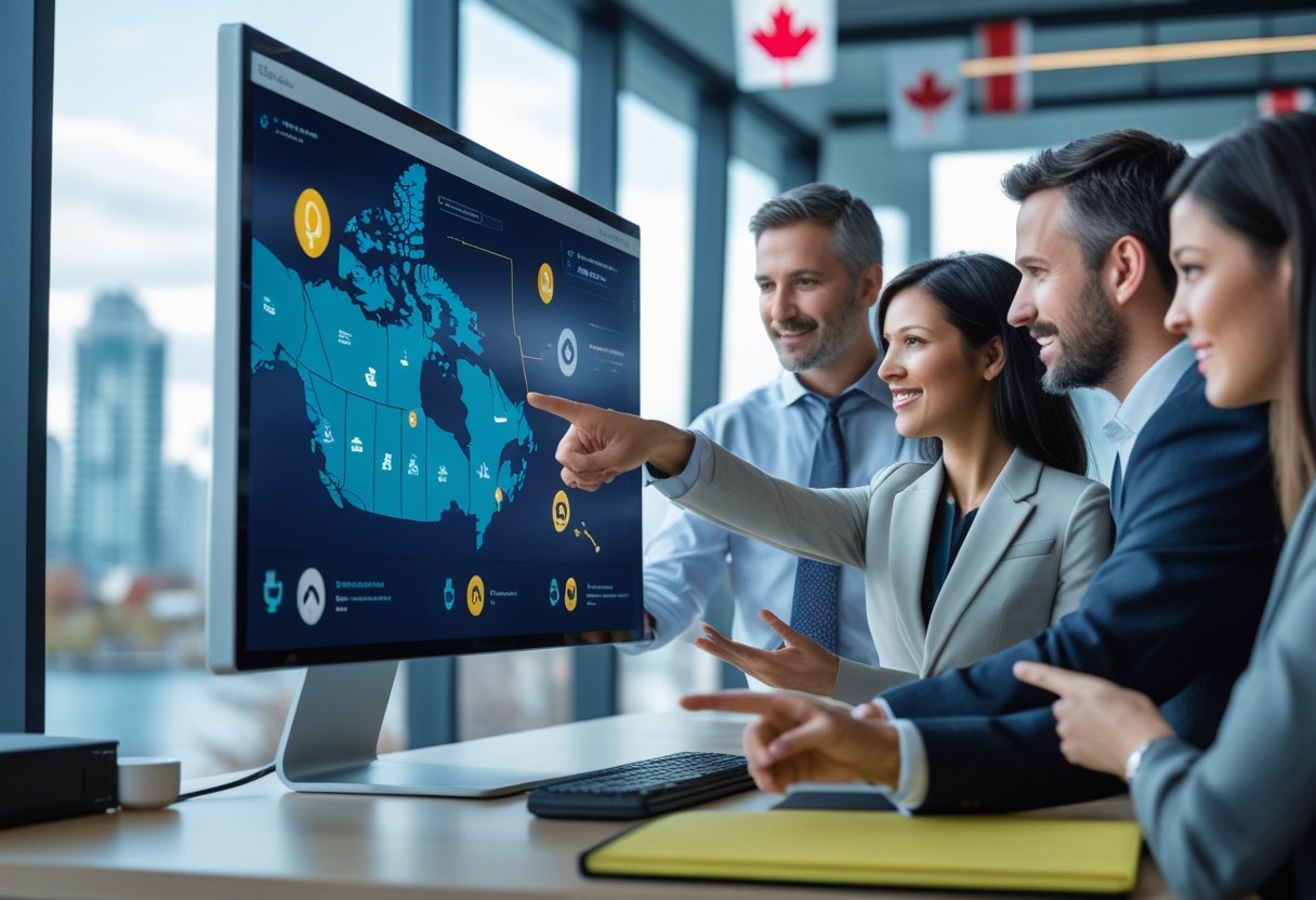 Two professionals in an office looking at a computer screen showing a map of Canada with vehicle routes and icons.