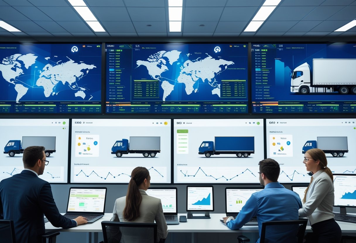 A team of professionals in a control room monitoring real-time vehicle data and maps on large digital screens for fleet management.
