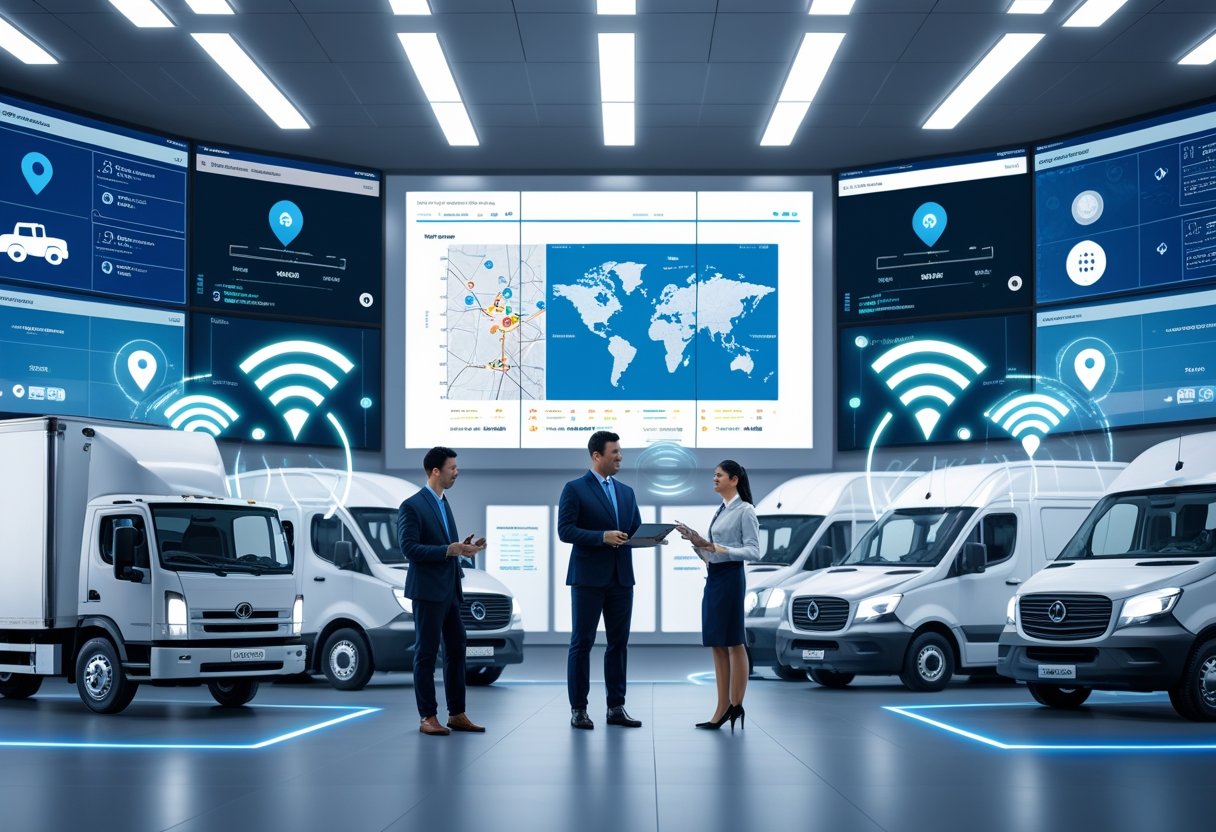 A team of professionals in a control room monitoring real-time data on digital screens and tablets related to vehicle locations and fleet performance.