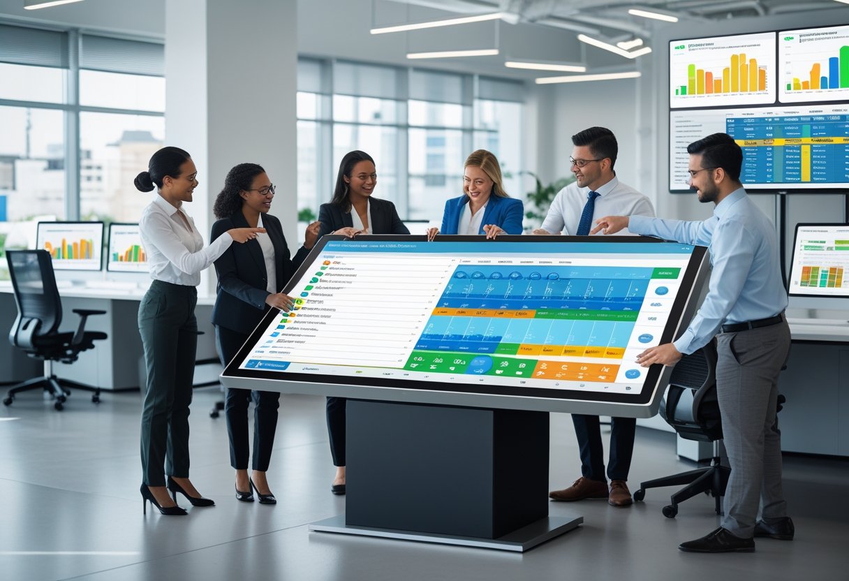A group of professionals collaborating around digital screens displaying vehicle scheduling software in a modern office.