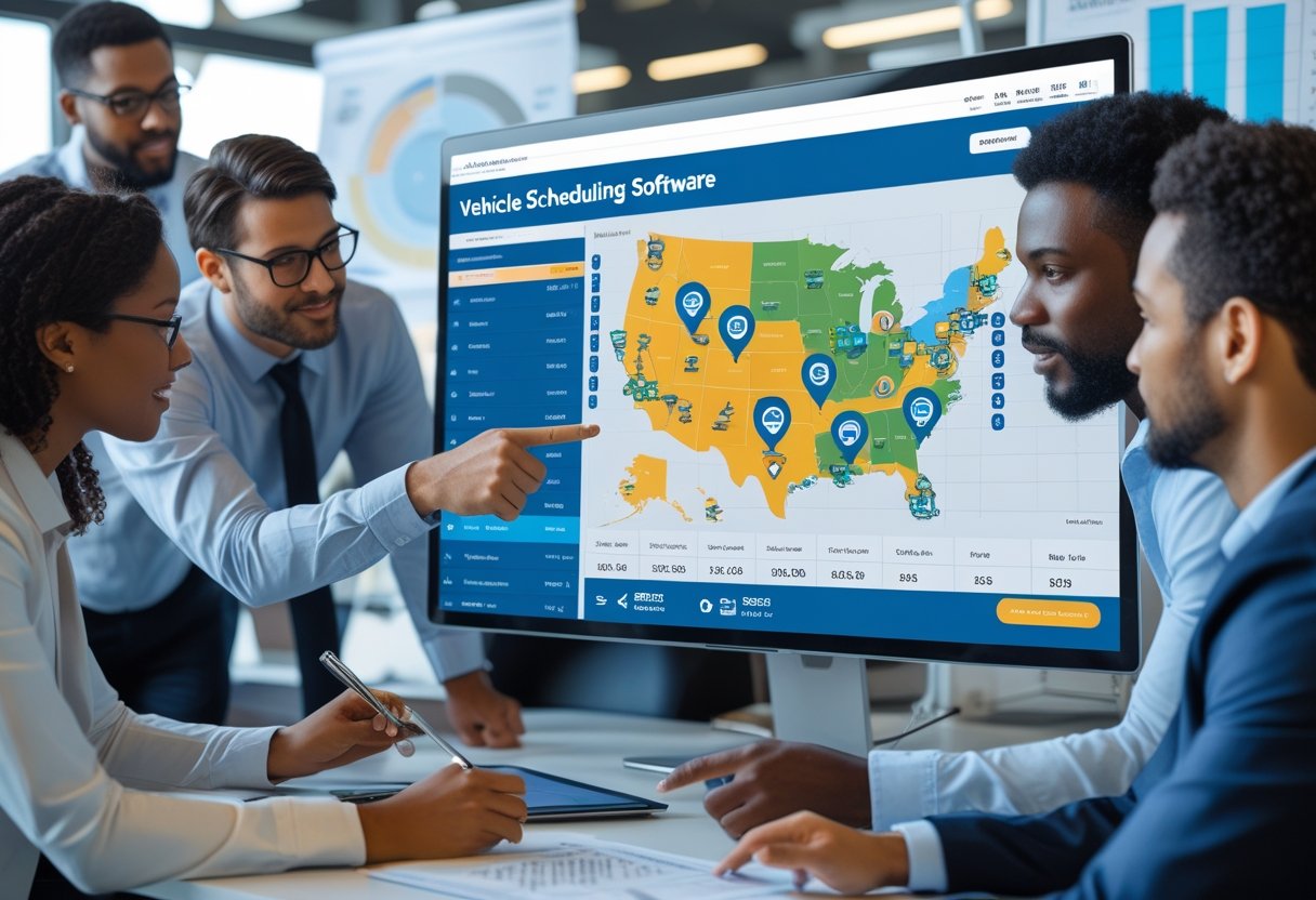 A team of professionals in an office looking at a computer screen displaying vehicle scheduling software with maps and timelines.
