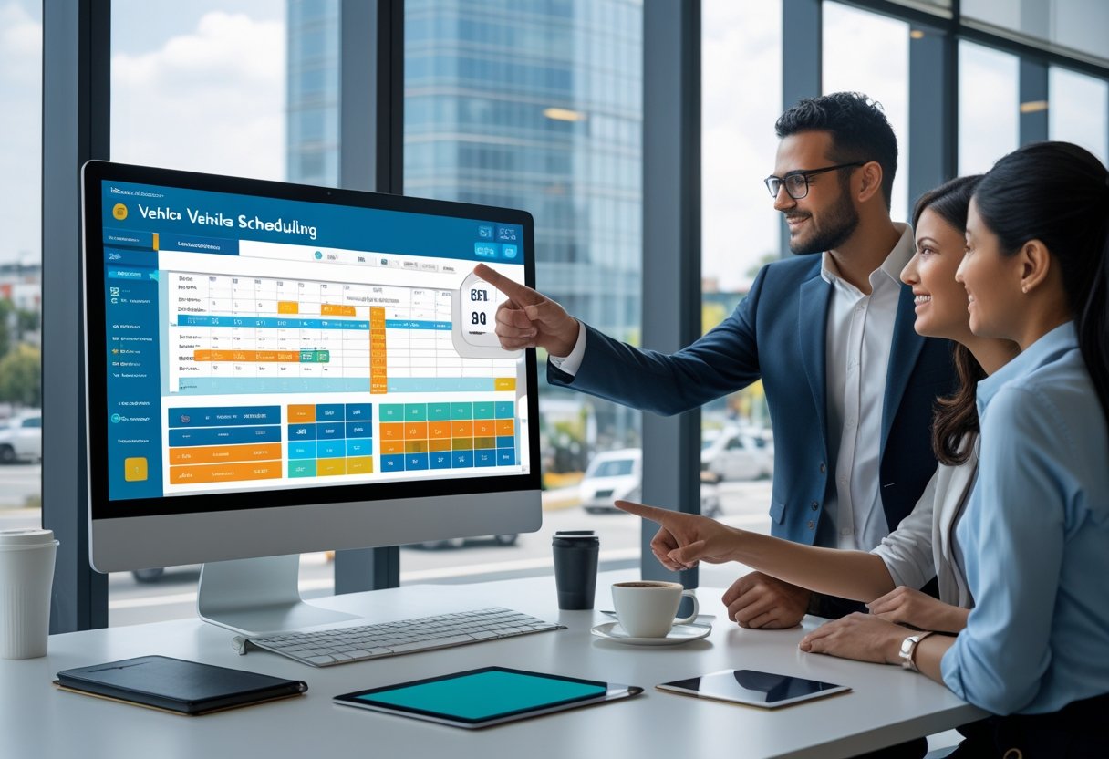 Office scene with professionals discussing vehicle scheduling software displayed on a computer screen showing maps and schedules.