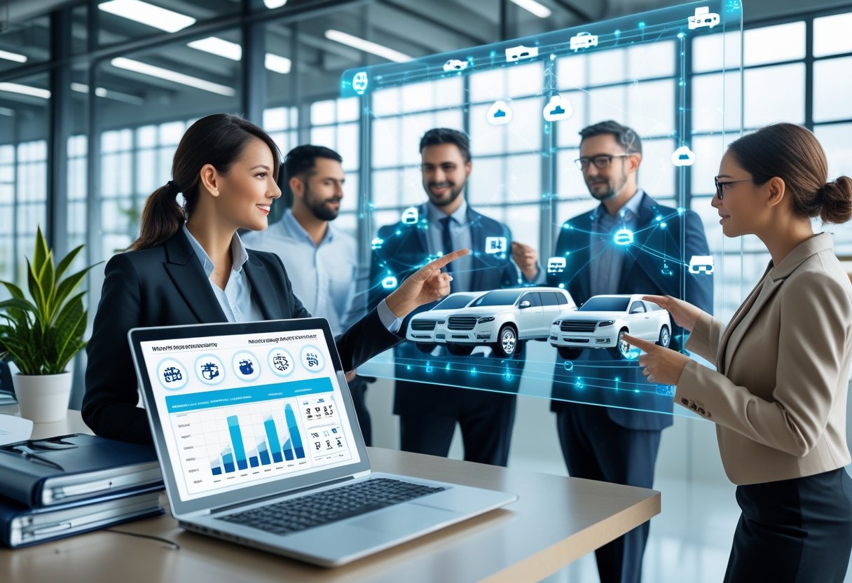 A team of professionals working together in an office with digital displays showing vehicle maintenance and fleet management graphics.
