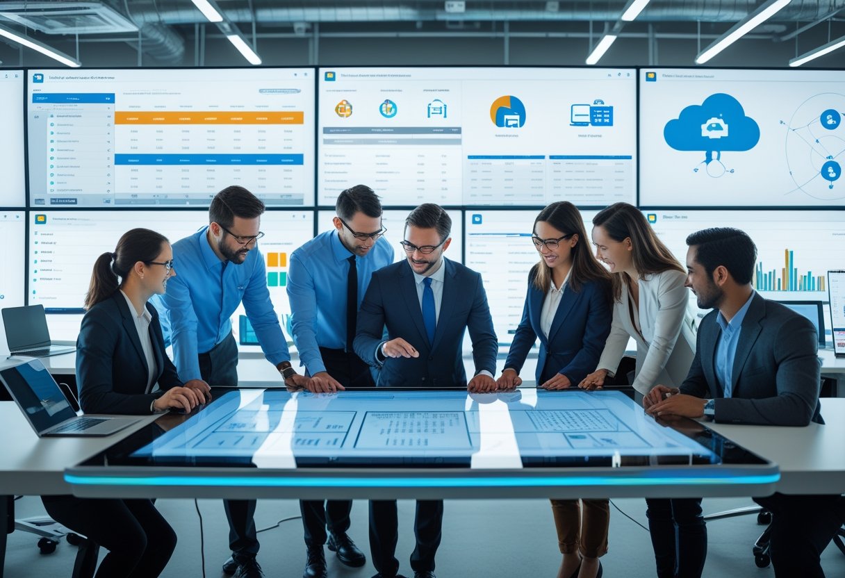 A group of professionals working together in an office with digital screens showing fleet maintenance data and vehicle locations.