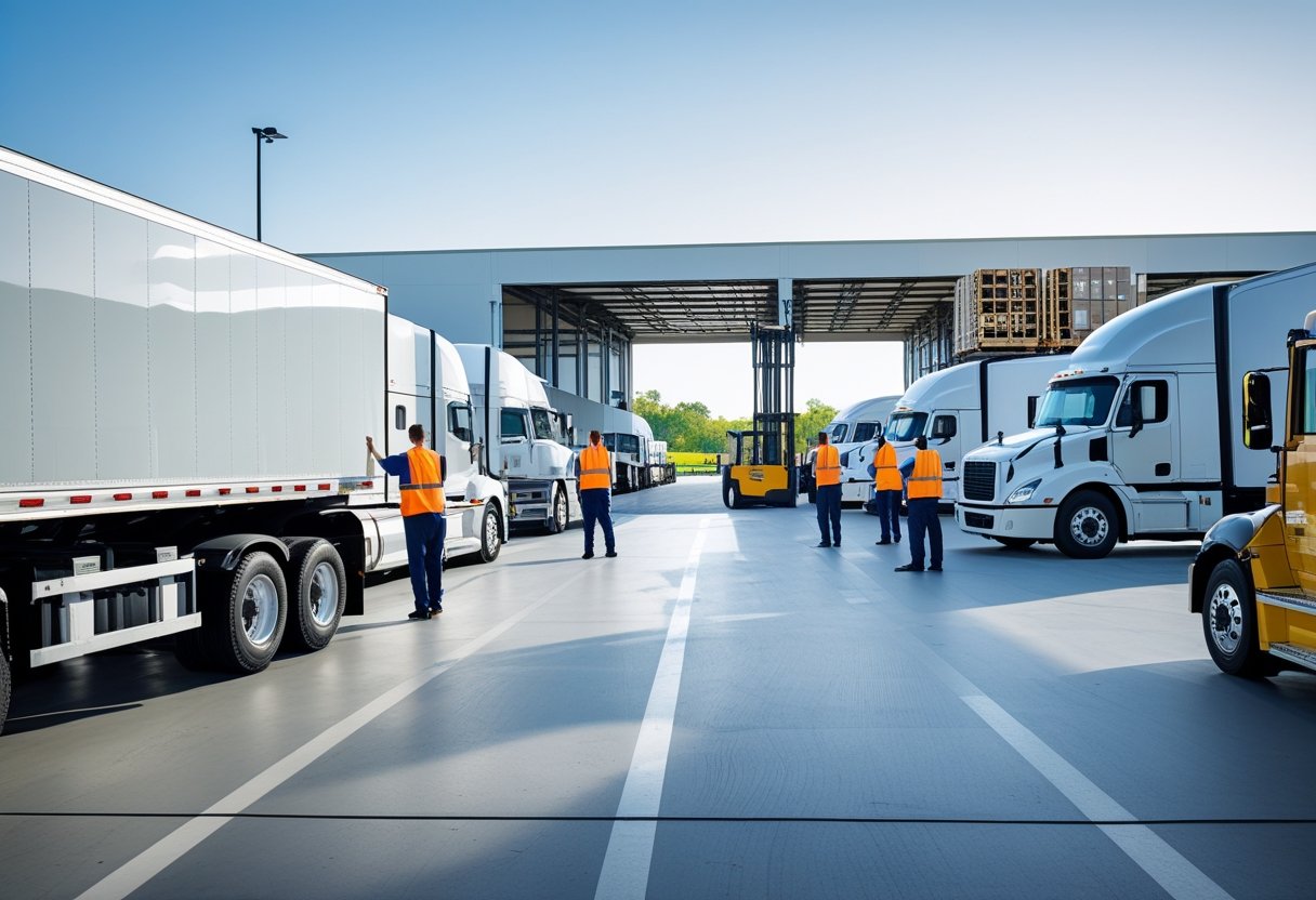 A busy logistics hub with various types of trucks, workers loading cargo, and forklifts moving pallets near a warehouse.