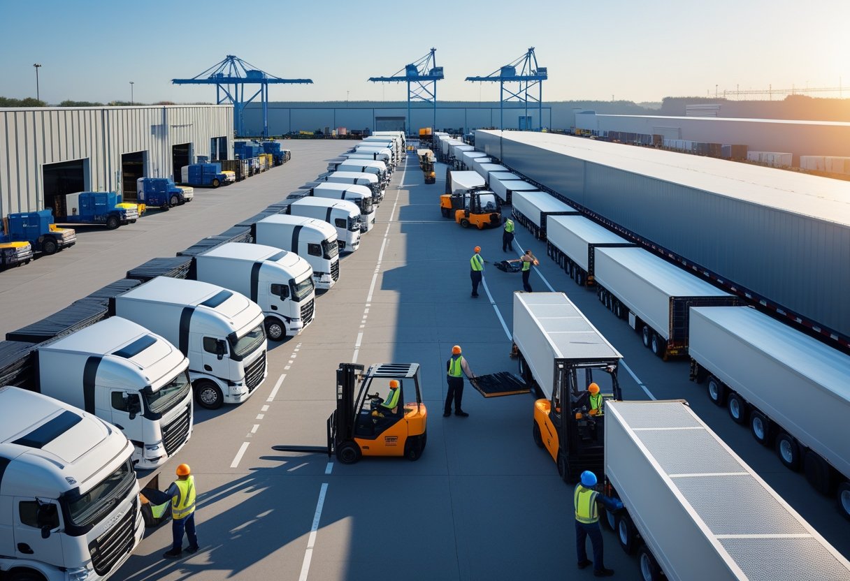 A fleet of semi-trucks parked near a warehouse with workers loading cargo using forklifts and pallet jacks.