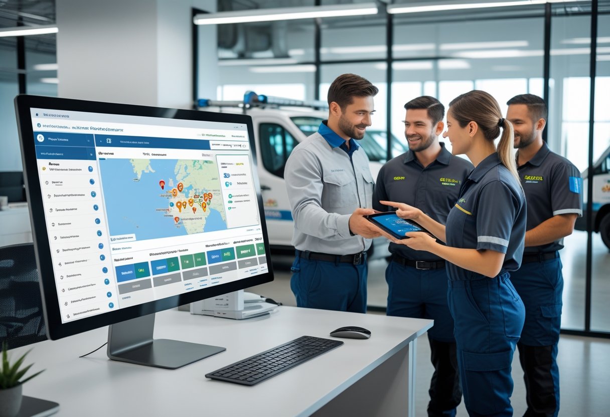 A team of pest control professionals using fleet management software on a computer in an office, with pest control vehicles visible outside.
