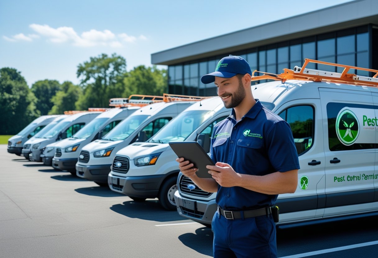 A pest control technician uses a tablet in front of several branded pest control vans parked outside a company building.