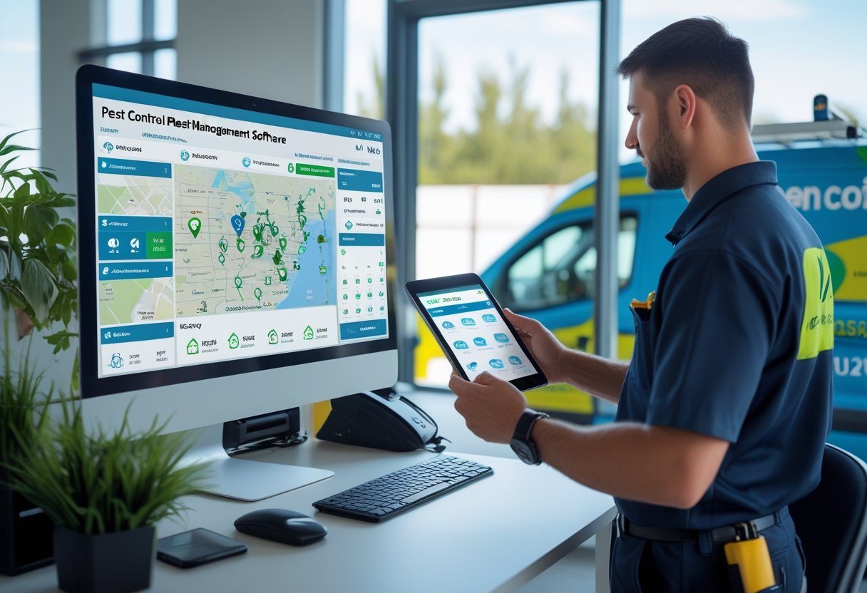 A pest control technician uses a tablet to manage a fleet of pest control vehicles shown on a computer screen in a bright office.