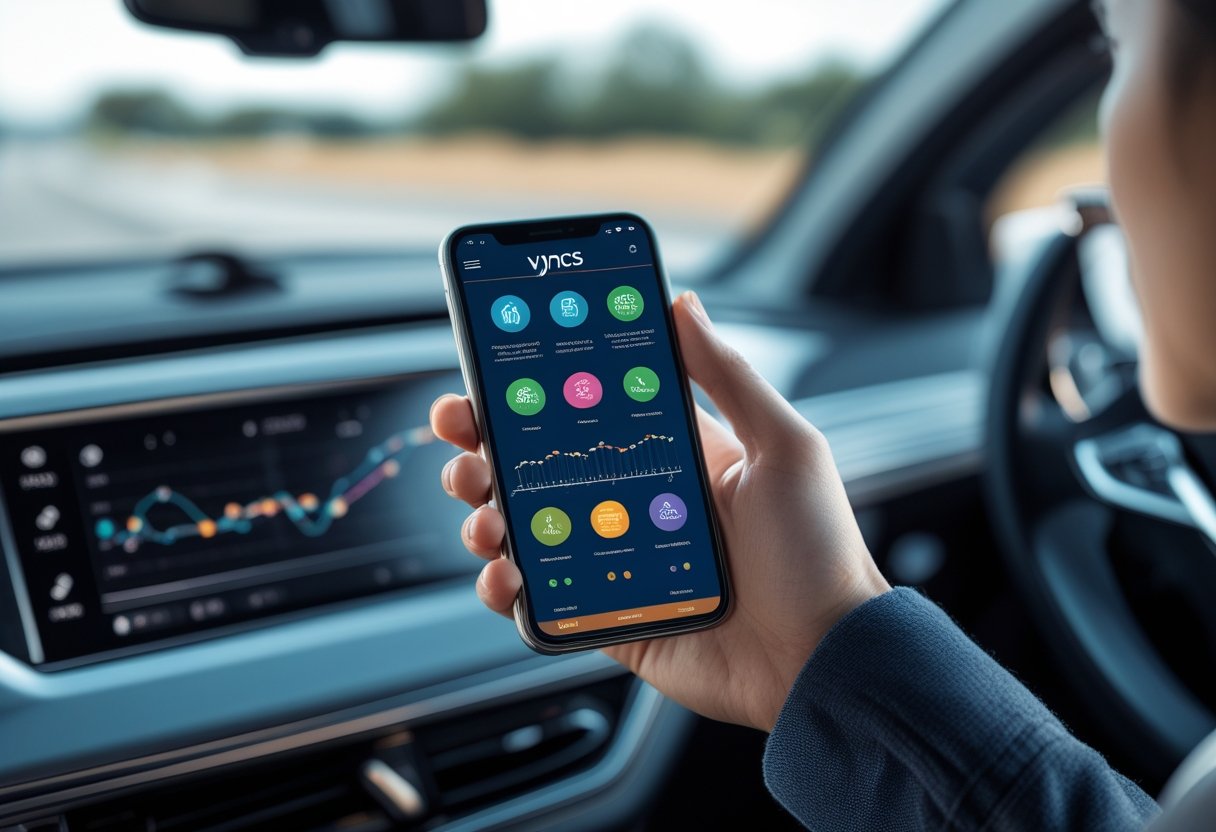A person holding a smartphone showing an app interface with vehicle tracking and diagnostics icons, with a car dashboard and road visible in the background.