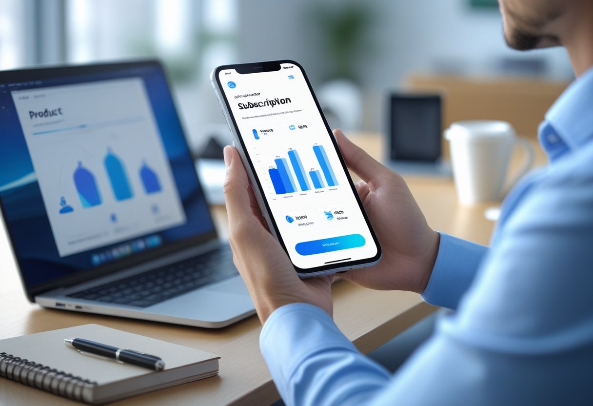 A person holding a smartphone showing an app interface with subscription plan options in a bright office setting.