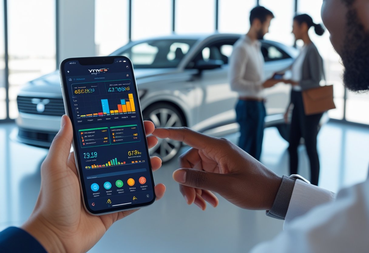 People using a smartphone app to monitor vehicle data with a car parked nearby in an urban setting.