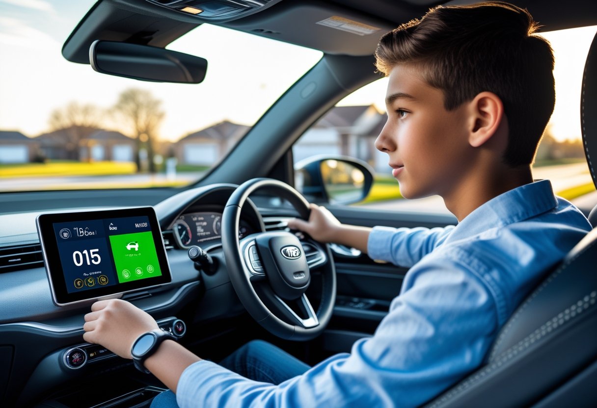 Teen driver focused behind the wheel of a car with a digital driver tracker displayed on the dashboard screen.