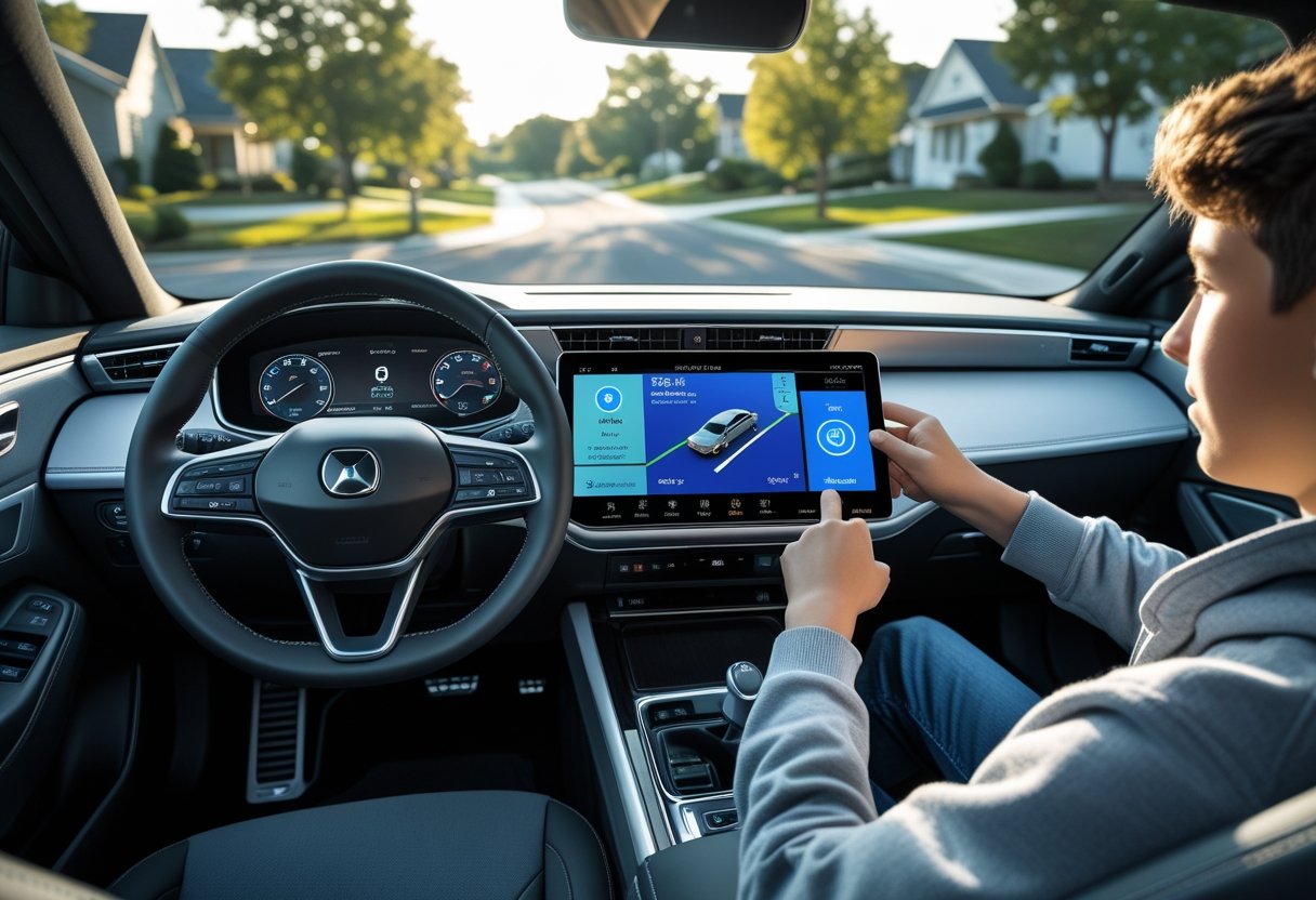 Teenage driver sitting in a car with a digital dashboard displaying driving data and a map.