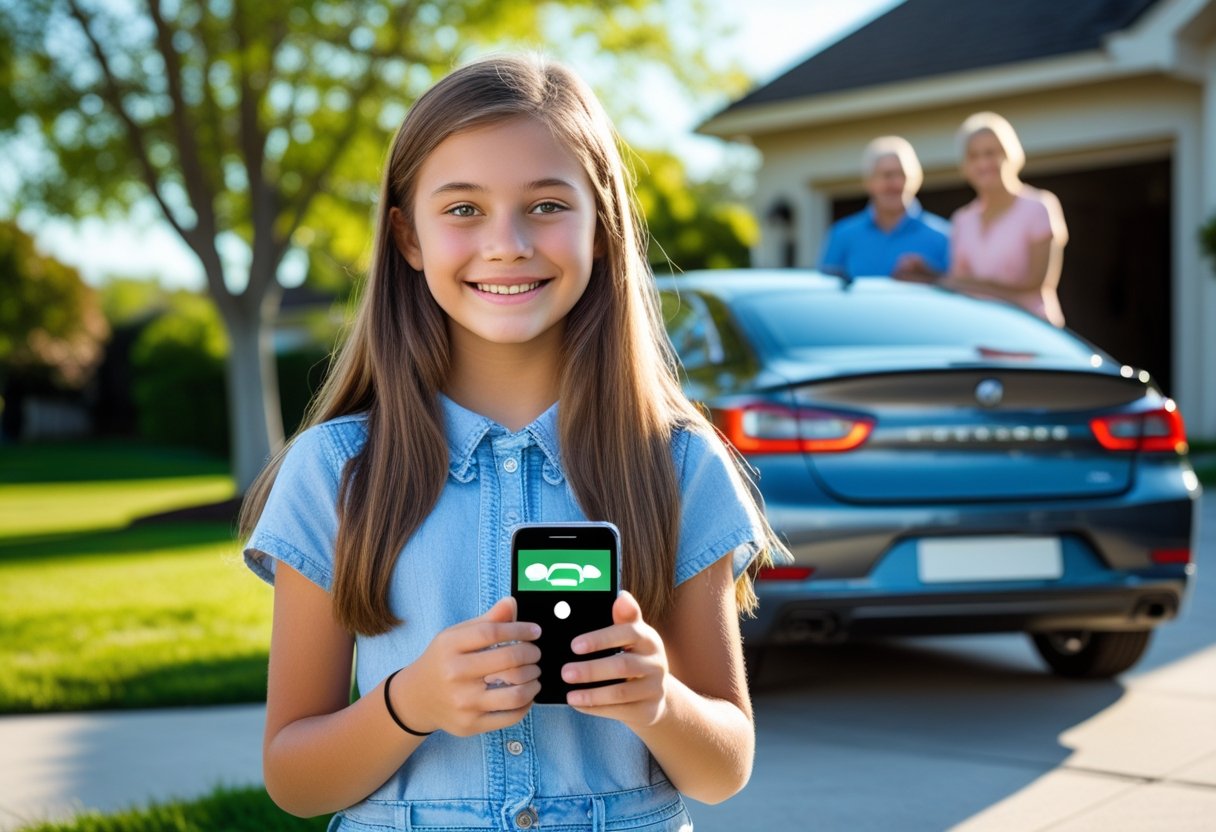 A teenage girl stands next to a car holding a smartphone showing a map, with a parent watching nearby in a suburban driveway.