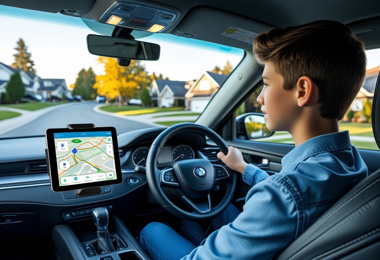 Teenage driver in a car with a GPS tracking device showing a map on a smartphone near the dashboard.