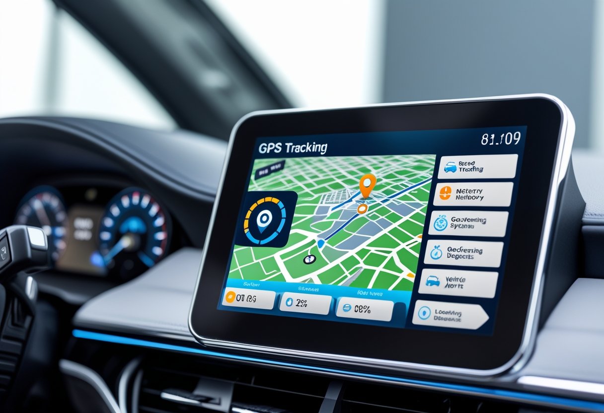 Car dashboard with a digital touchscreen showing a detailed map and icons for car tracking features.