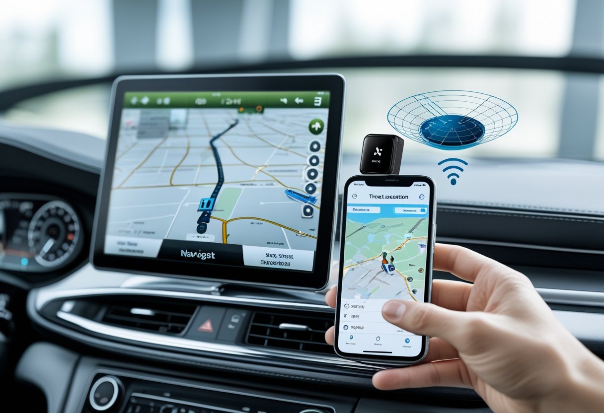 A car dashboard with a GPS navigation screen, a smartphone showing a vehicle tracking app, and a GPS tracking device attached under a car.