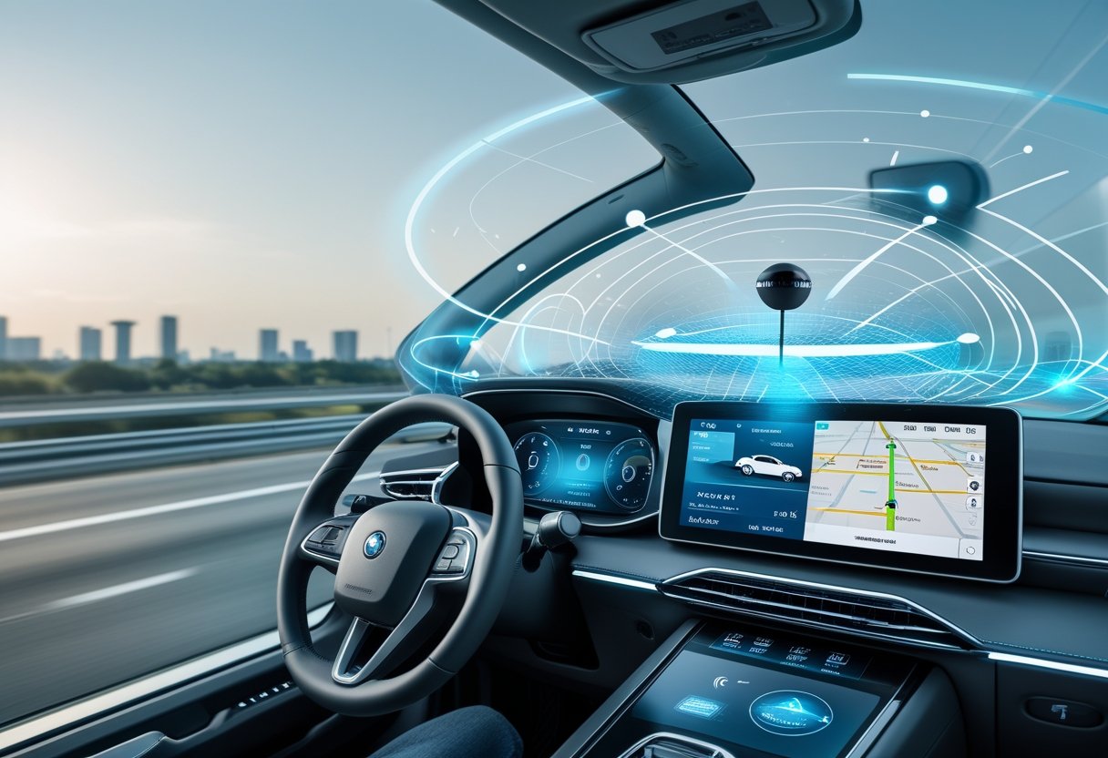 A car driving on a highway with digital overlays showing GPS signals and navigation data surrounding it.