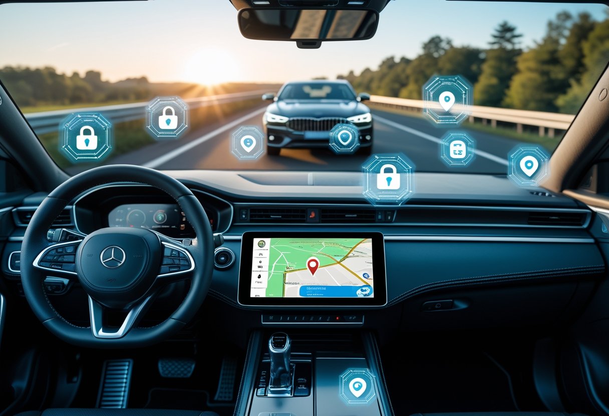 Car dashboard with a GPS map on a touchscreen display and a car driving on a highway in the background.