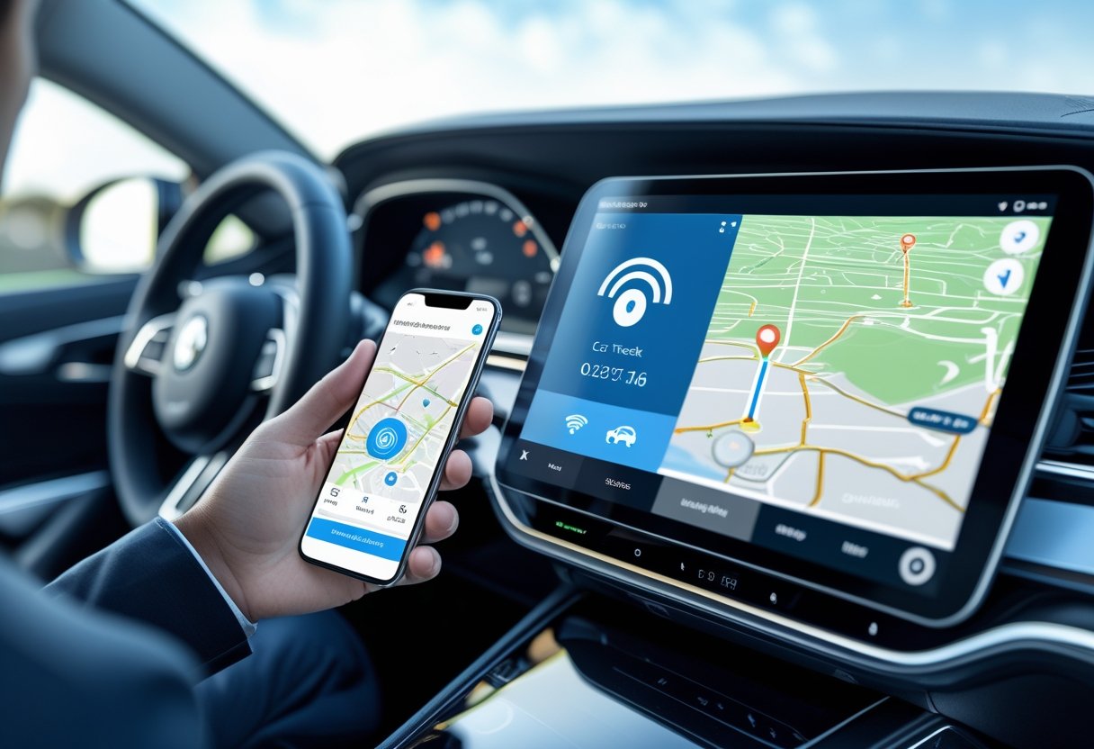 A car dashboard with a GPS tracking screen showing a map and a moving car icon, while a person uses a smartphone with a car tracking app.