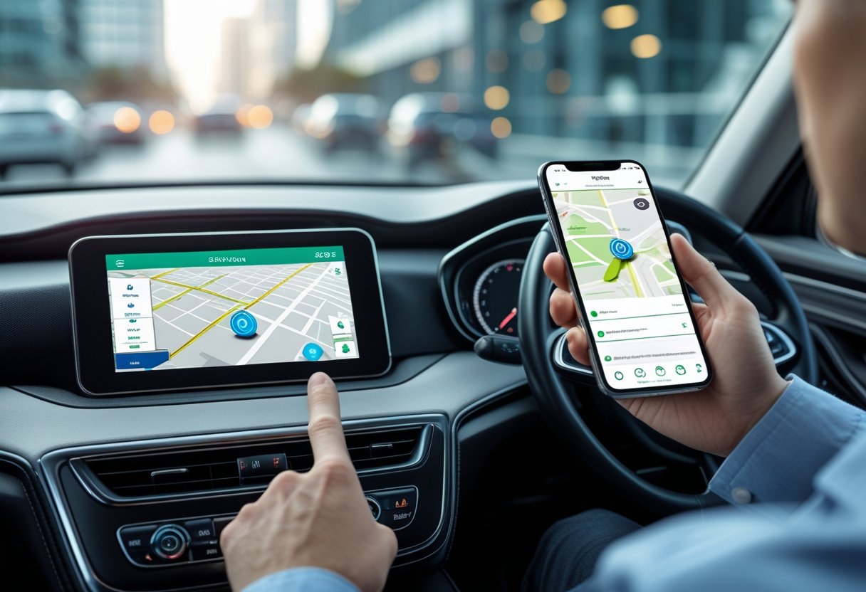 A car dashboard with a GPS navigation screen showing a moving car icon on a map, and a hand holding a smartphone displaying a car tracking app.