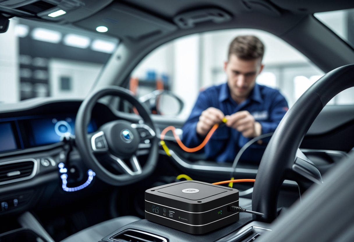 A technician installing a GPS car tracker device under the dashboard inside a modern car in an automotive workshop.