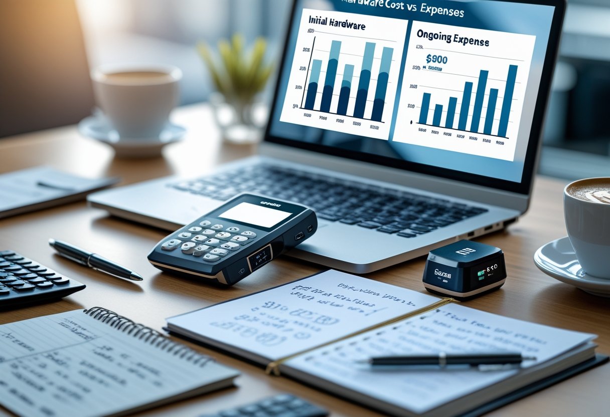 A desk with a laptop showing charts, a car GPS tracker, a calculator, and a notepad in a bright office setting.