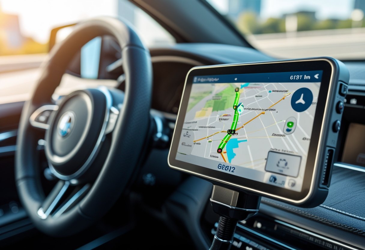 Car interior with a GPS tracking device mounted on the dashboard showing a map and route.