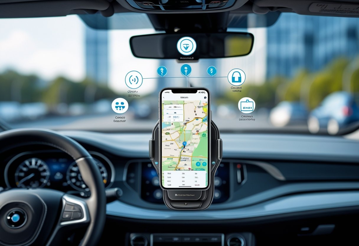 Close-up of a car dashboard with a GPS tracking device showing a map, surrounded by icons representing signal strength, battery, connectivity, and security features.