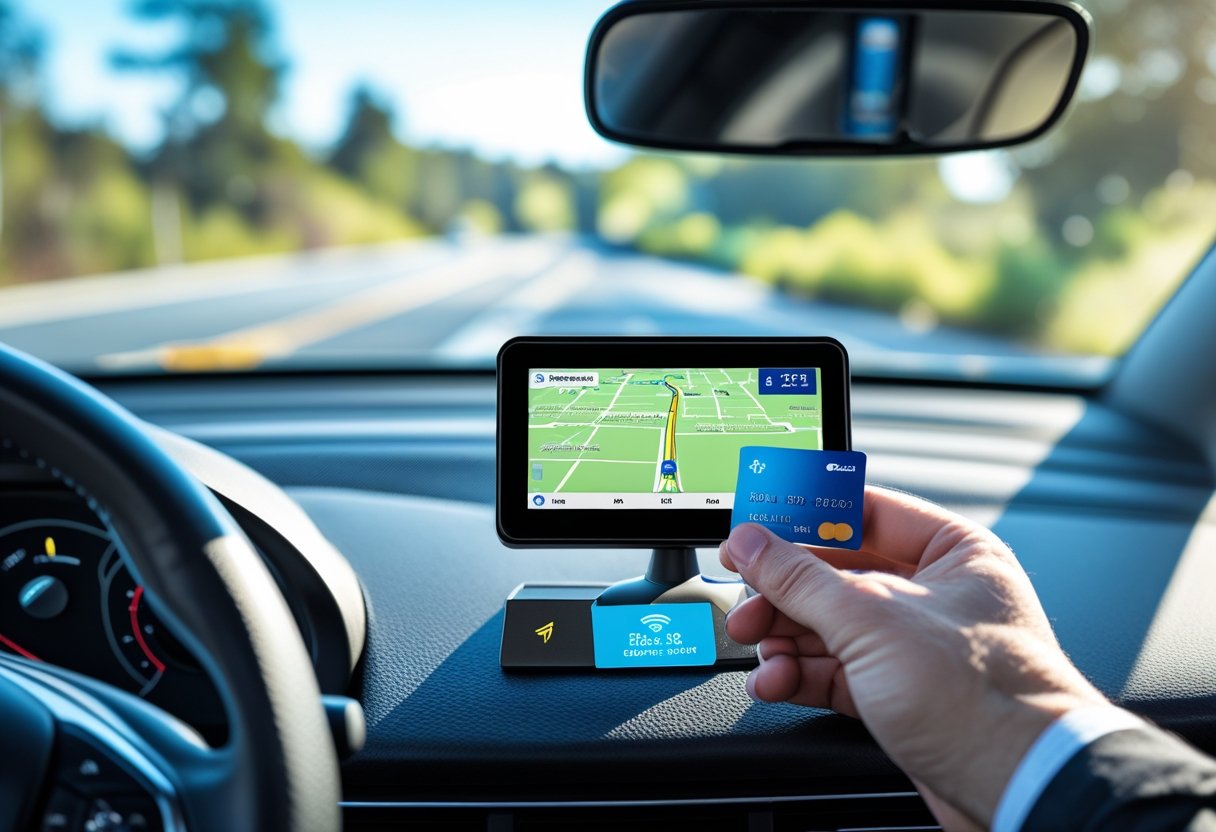 Close-up of a car dashboard showing a GPS tracker device with a digital map, a hand holding a credit card nearby, and part of the car interior visible through the windshield.