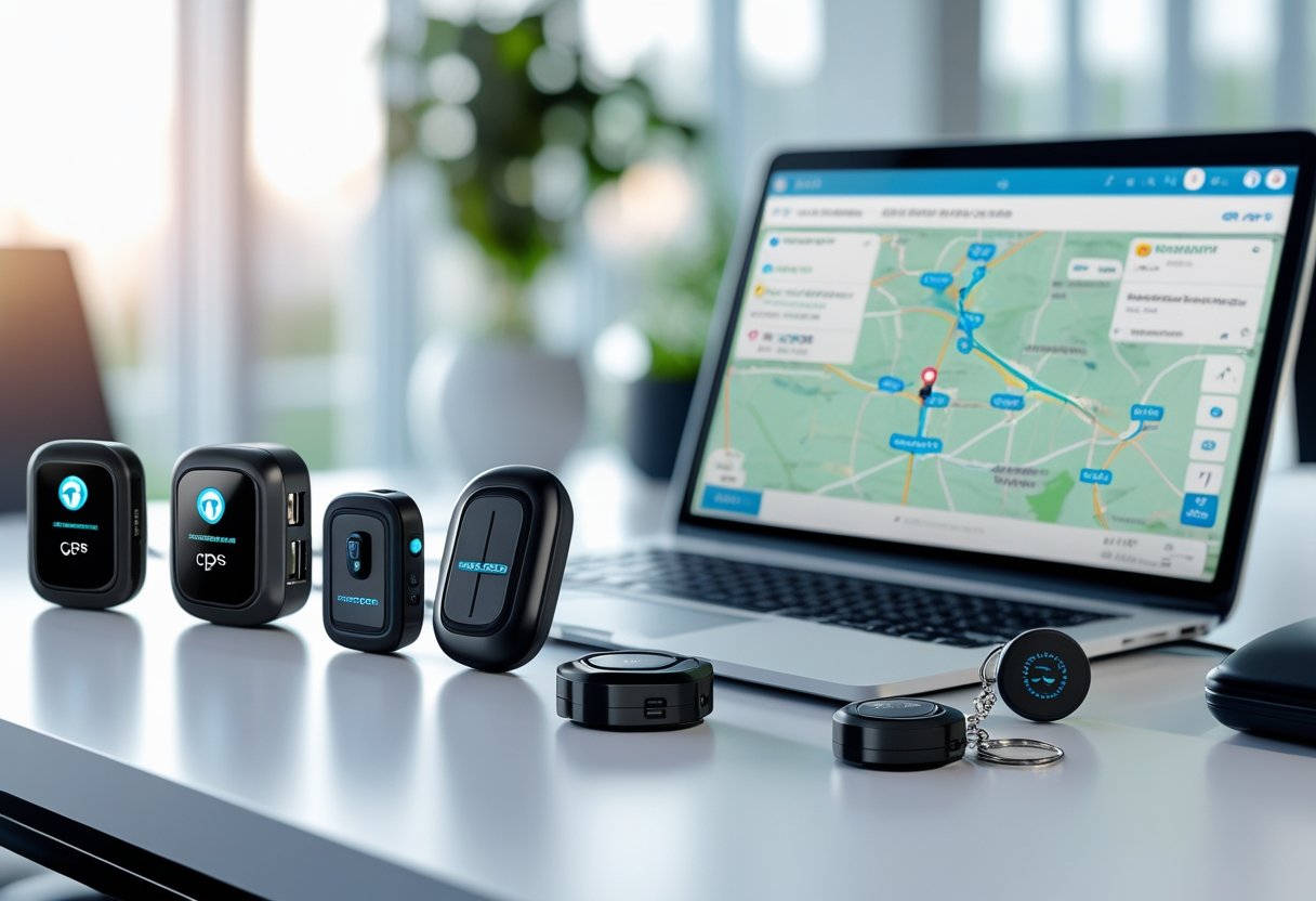 A desk with different types of car GPS trackers and a laptop showing a map with tracking routes.