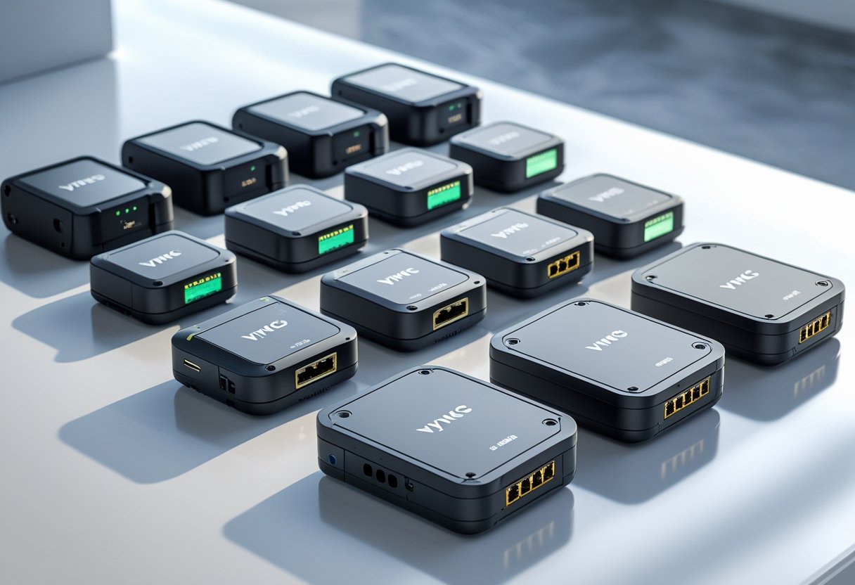 A lineup of Vyncs GPS trackers displayed on a white surface, showing multiple devices arranged neatly with clear views of their shapes and features.
