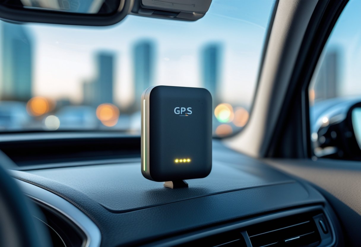 A GPS tracker device placed on a car dashboard with a blurred cityscape visible through the windshield.