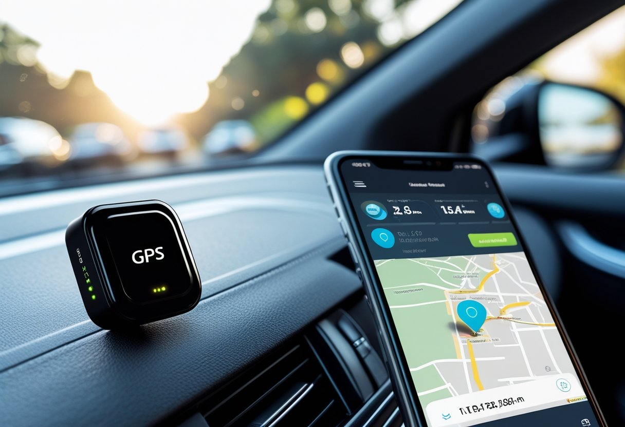 A car dashboard with a GPS tracker device mounted near the windshield and a smartphone displaying a digital map with a vehicle's location.