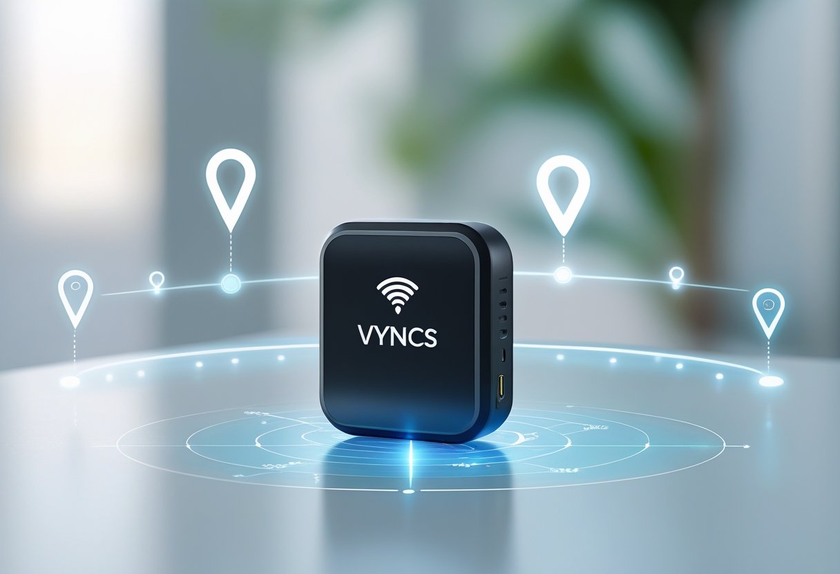 A GPS tracker device on a white surface with digital location pins and map overlays around it.