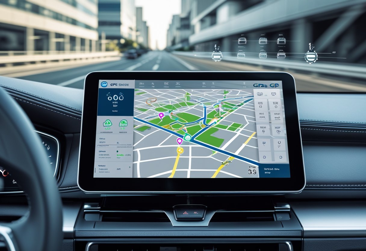 A car dashboard with a digital touchscreen showing a GPS map and vehicle tracking data, with a blurred city street visible through the windshield.
