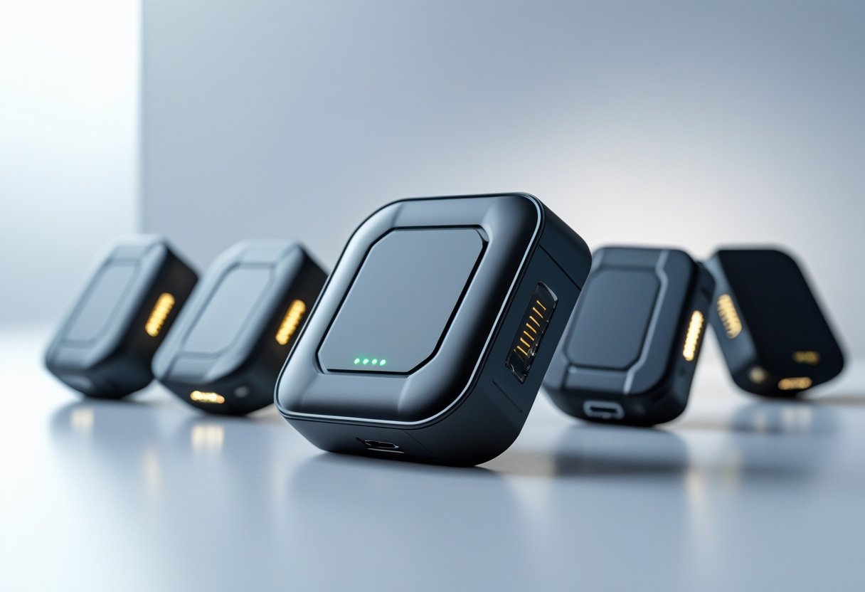 Several compact GPS vehicle trackers of different models arranged on a white surface.