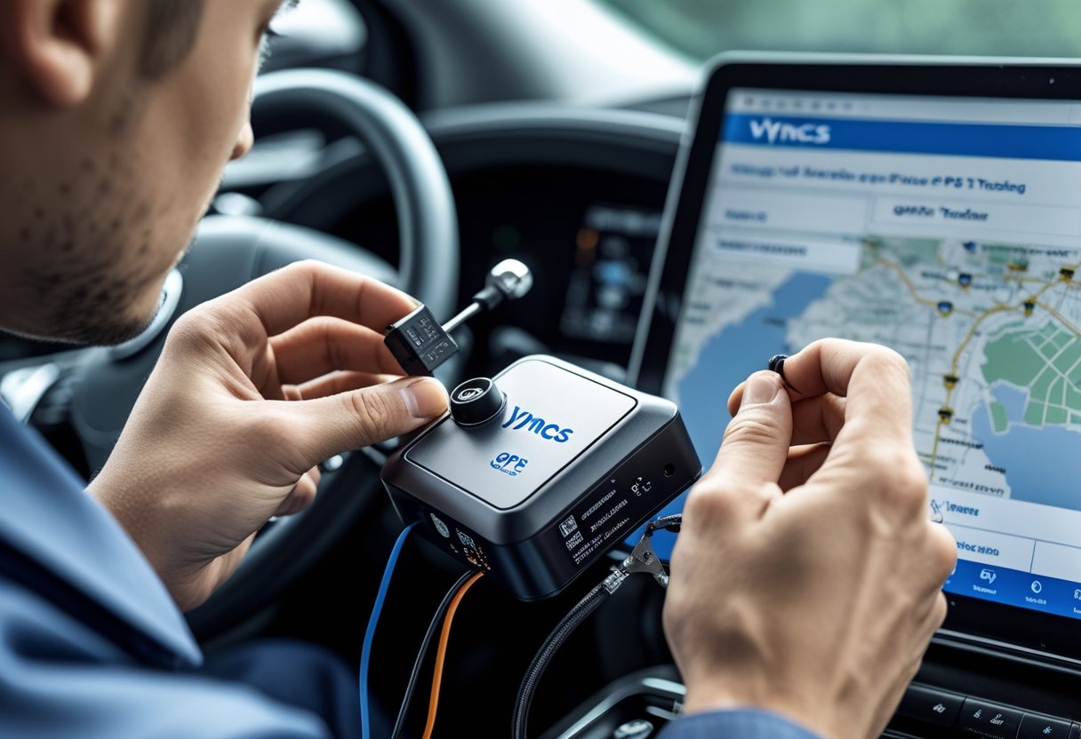 A technician installing a small GPS tracking device inside a car, with a laptop showing a setup interface nearby.