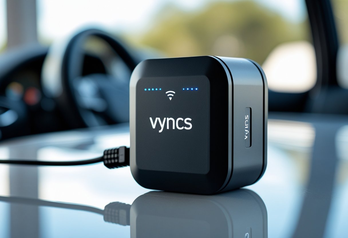 A compact GPS vehicle tracker device placed on a reflective surface with a blurred car interior in the background.