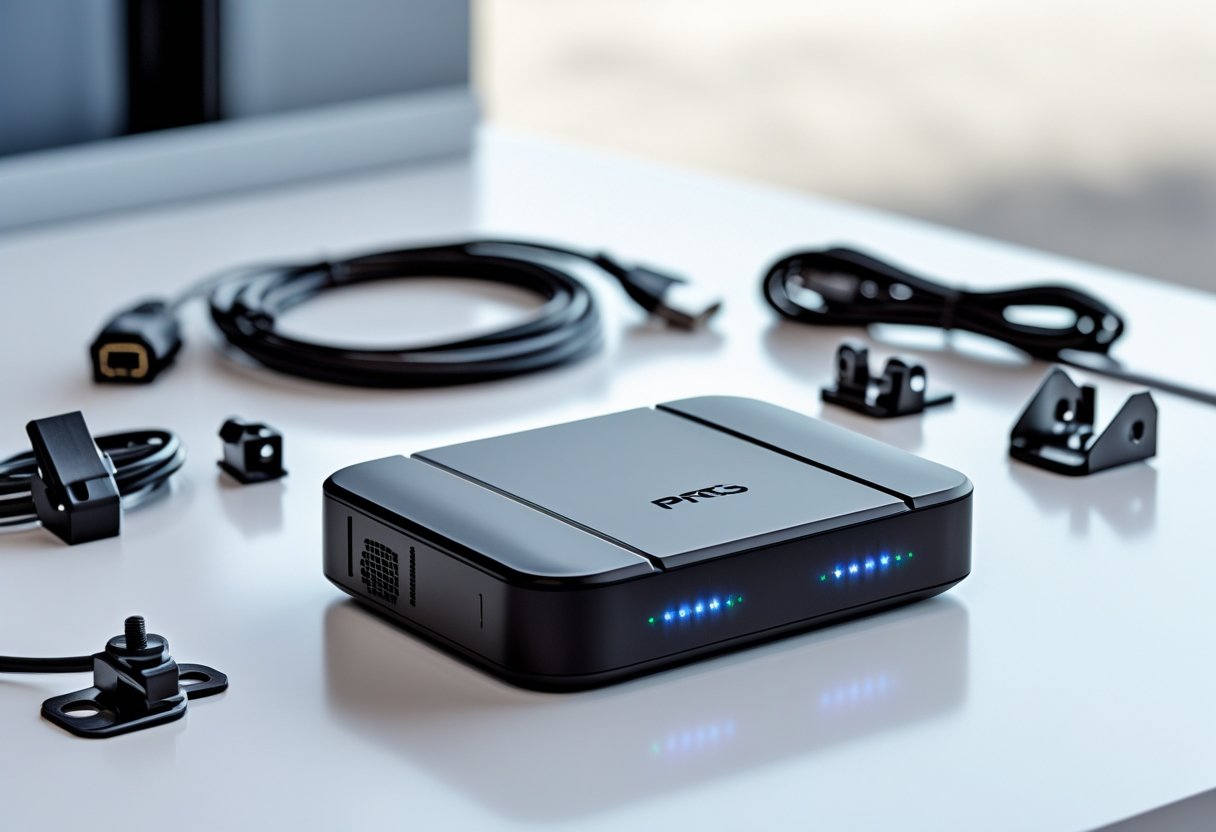 A GPS tracking device for vehicles with installation accessories arranged on a white surface.