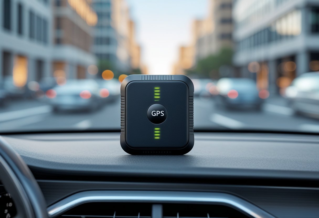 A GPS tracking device on a car dashboard with a city street visible through the windshield.