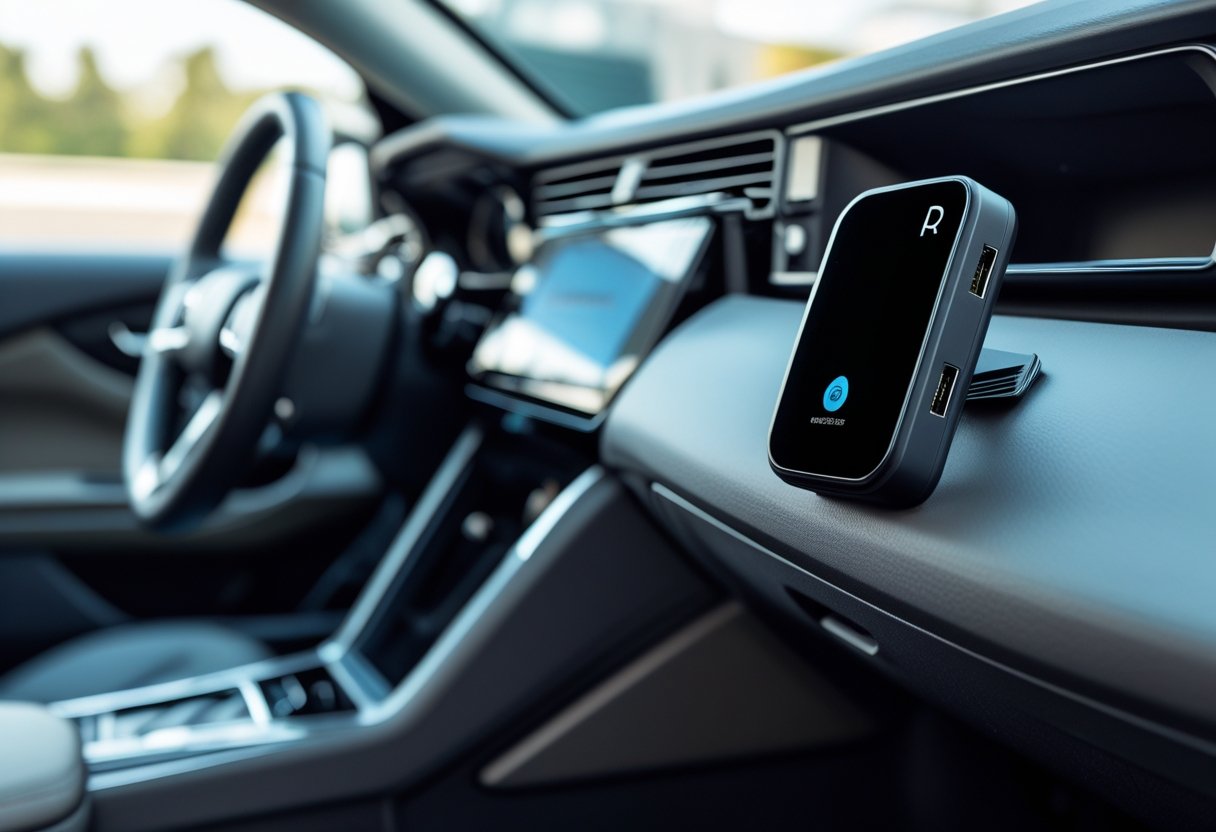 Close-up of a GPS tracking device installed inside a modern car with the dashboard and steering wheel visible.
