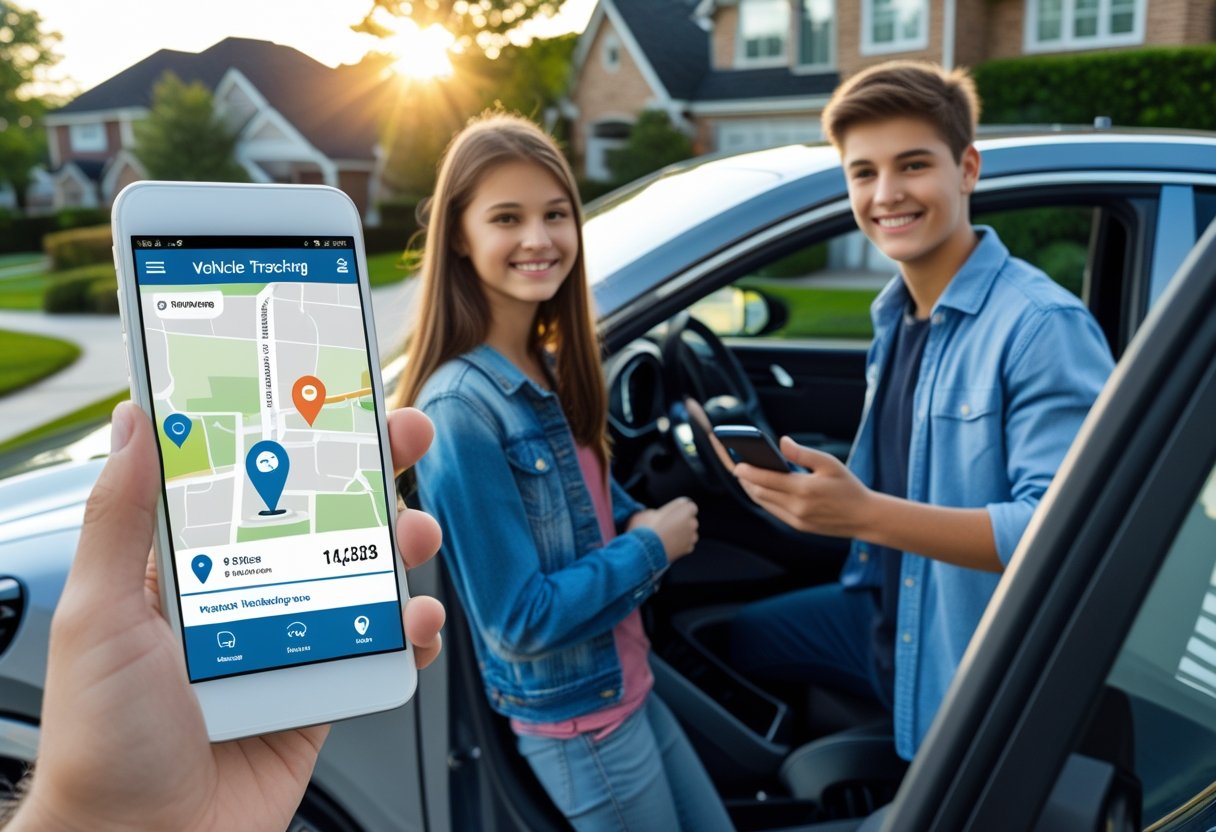 A teenage driver and a parent standing by a car in a suburban driveway, with the parent holding a smartphone showing a vehicle tracking app.