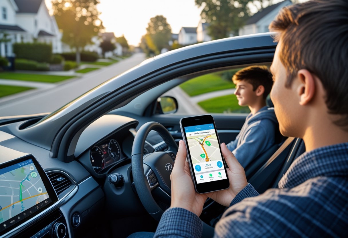 A parent standing outside a car holding a smartphone showing a vehicle tracking app while a teenage driver sits inside the car ready to drive.