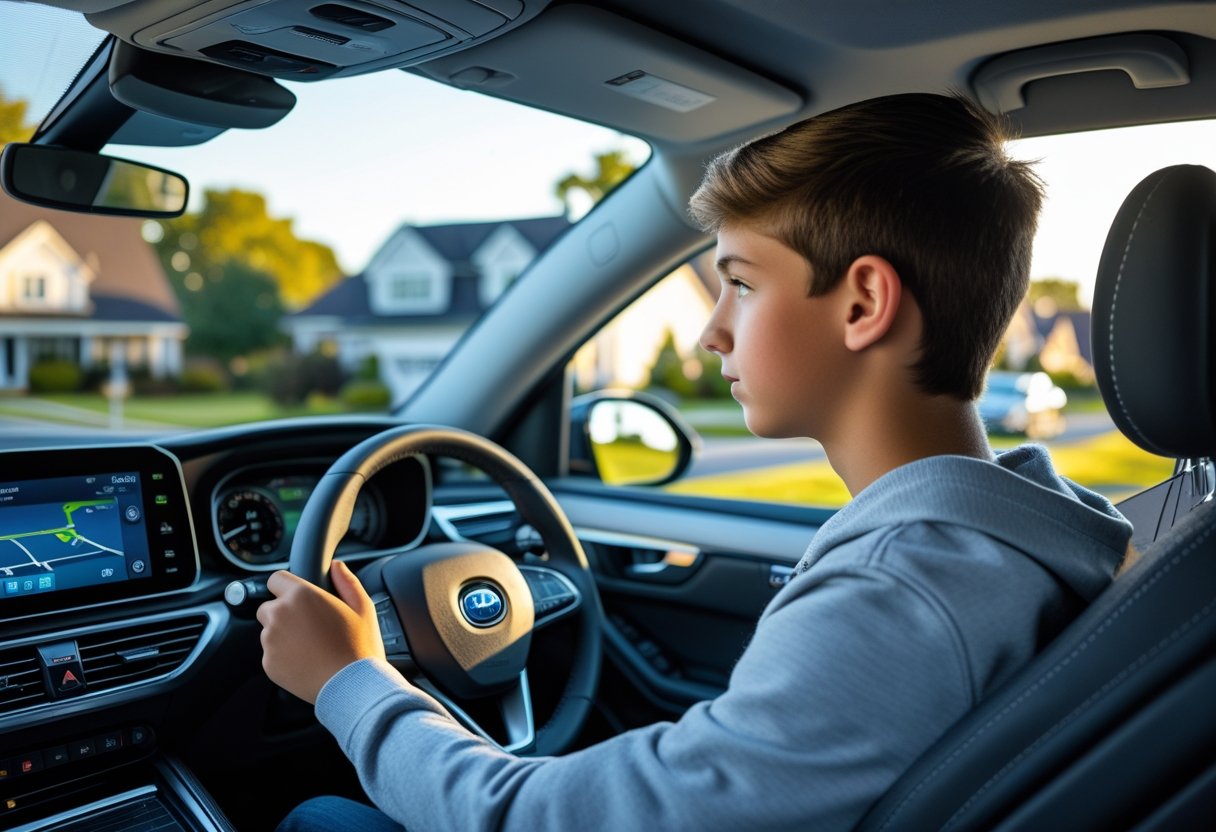 A teenage driver attentively looking at a GPS tracking screen inside a car on a suburban street during the day.